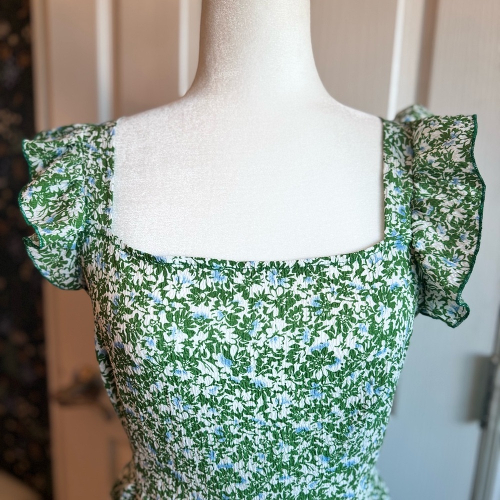 Green Floral Dress with Ruffle Sleeves - Picture 2 of 7